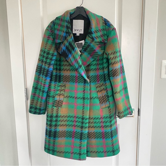 Anthropologie NVLT Plaid Wool Blend Mid-Length Coat Sz S NWT Apple Green - Picture 5 of 8